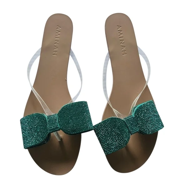 Aminah Green Crystal Bow Flip Flop Sandals - Picture 2 of 11